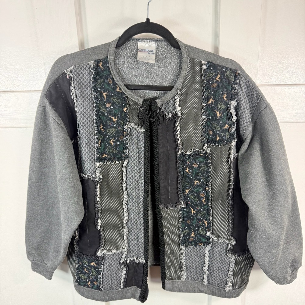 Crossbow by Jerzees Patchwork Cardigan Sweater Women's Size‎ L Forest Deer Print